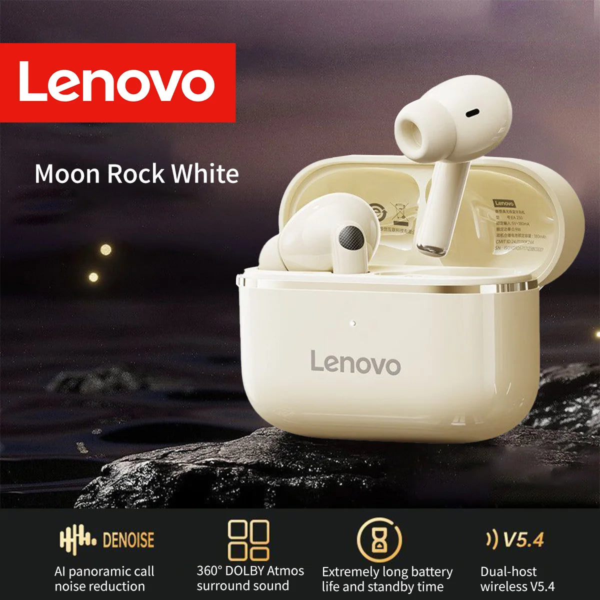 Lenovo Bluetooth 5.4 earbuds with ANC, long-lasting battery, USB-C port, compatible with Android & iPhone, ideal for sports/gym,