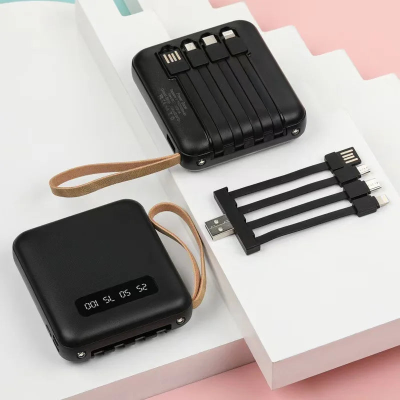 Portable 20W Power Bank Built-in 4 Cables Digital Display Mini External Battery with Lanyard Travel Charger for IPhone Huawei