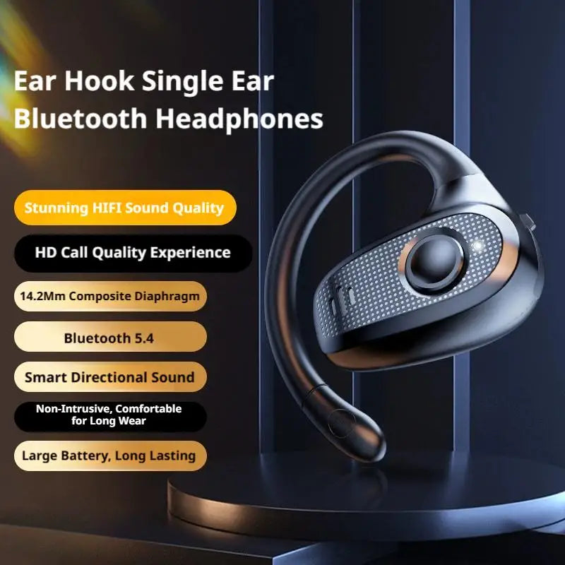 Open Ear Wireless Bluetooth Headset Ear-Hook Single Earbud Non In-Ear Sports Fitness Headphone Long Battery Life Earphone