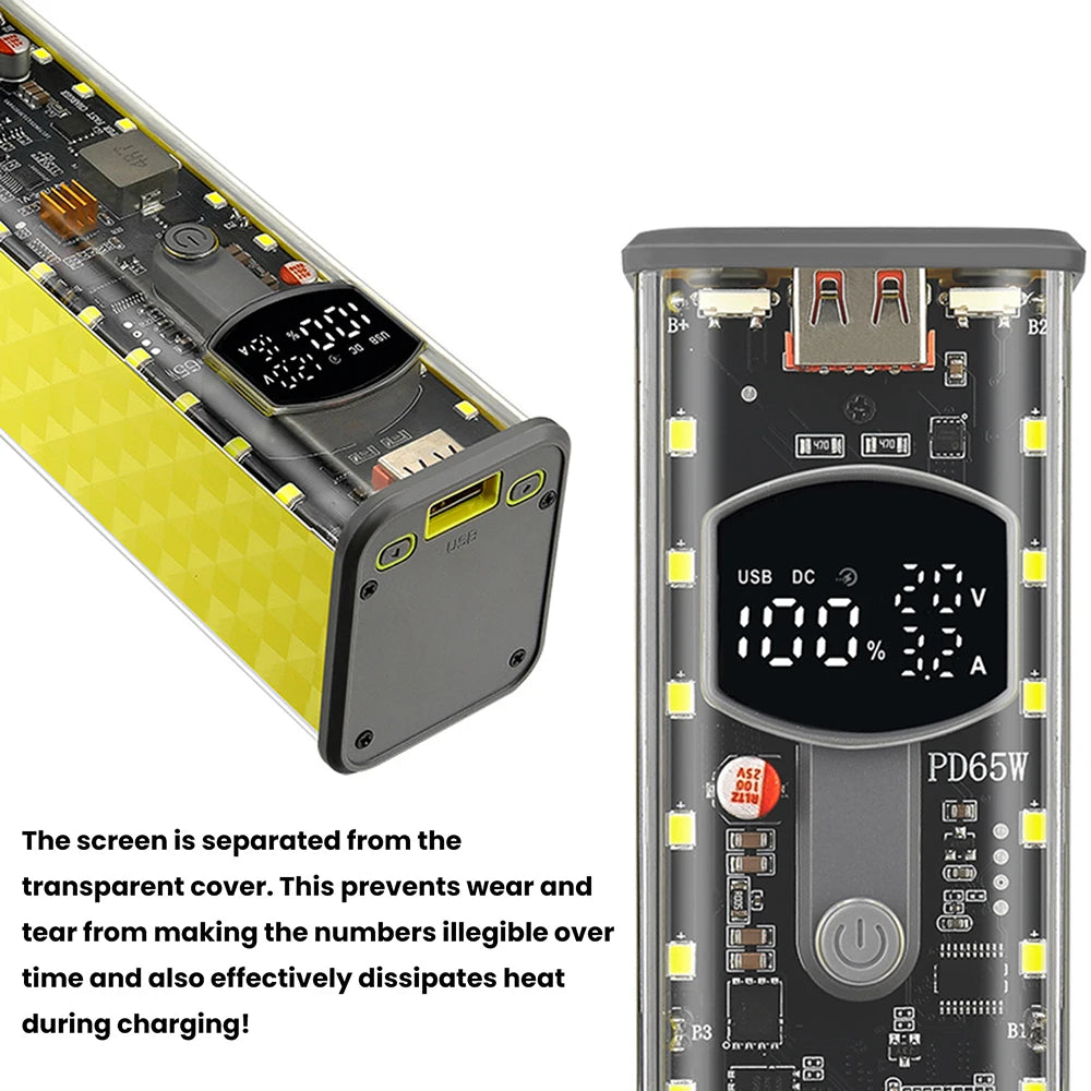 65W PD Fast Charging 18650 Power Bank DIY Battery Box Adjustable DC Voltage Multifunctional Display for Laptops Outdoor Use