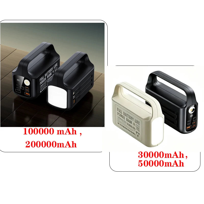 200000mAh Large Capacity Power Bank Portable Outdoor Emergency Power Supply Built-in Cable Camping Light External Battery Pack