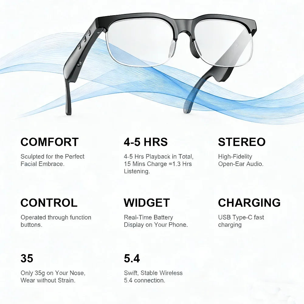 Smart Glasses, Smart Audio Glasses, Wireless Glasses, Earphones, Support Hands-free Calls and Music, Lightweight Design