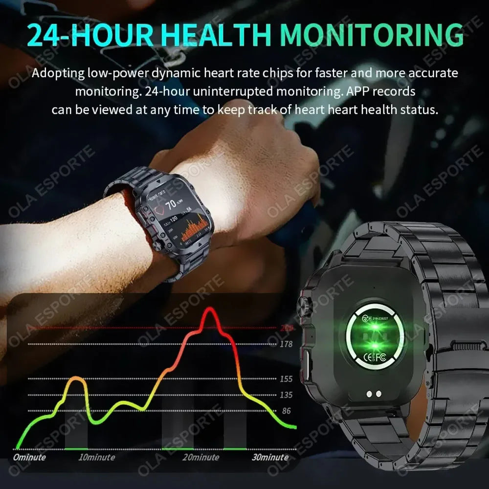 2026 New Military Smart Watch Men IP67 3ATM Outdoor Sports Fitness Tracker Blood Pressure Health Monitor BT Calls GPS Smartwatch