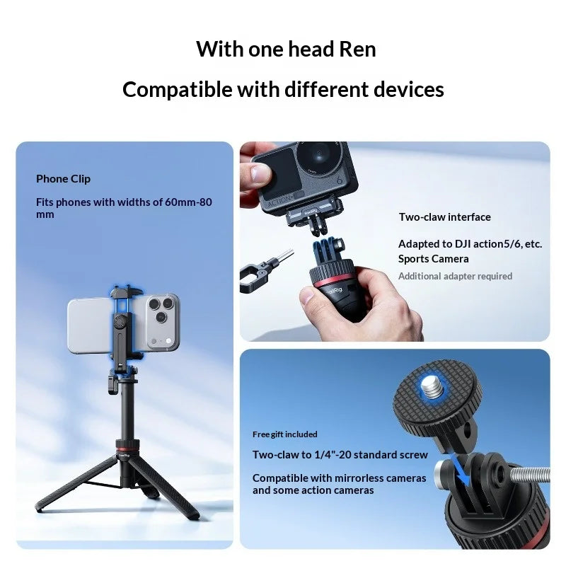 3-in-1 Vlog Stand - Phone/Action Cam/Mirrorless, 18-70cm, 360° Adjustable, 200g Multi-Device Vlog Stand