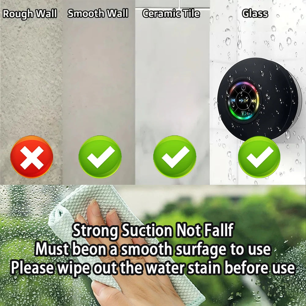 Portable Wireless Bluetooth 5.0 Speaker LED IPX4 Waterproof Loudspeaker For Outdoor Bathroom Large Suction Cup Stereo Sound Box