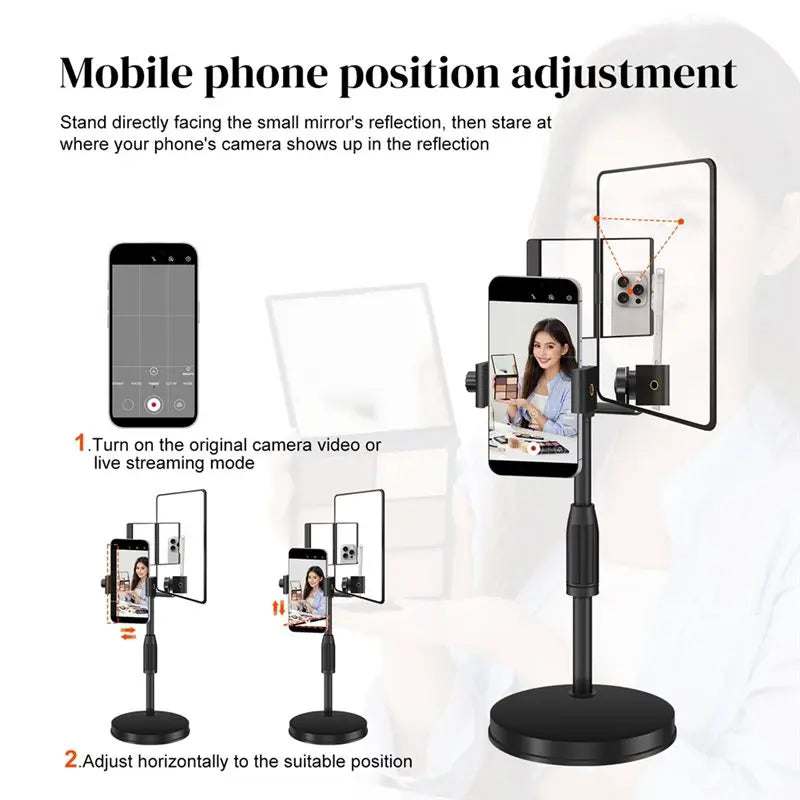 Adjustable Height Mobile Phone Holder Desktop Round Plate Live Streaming Stand with Mirror Rear View Camera Selfie Stand-ABLL