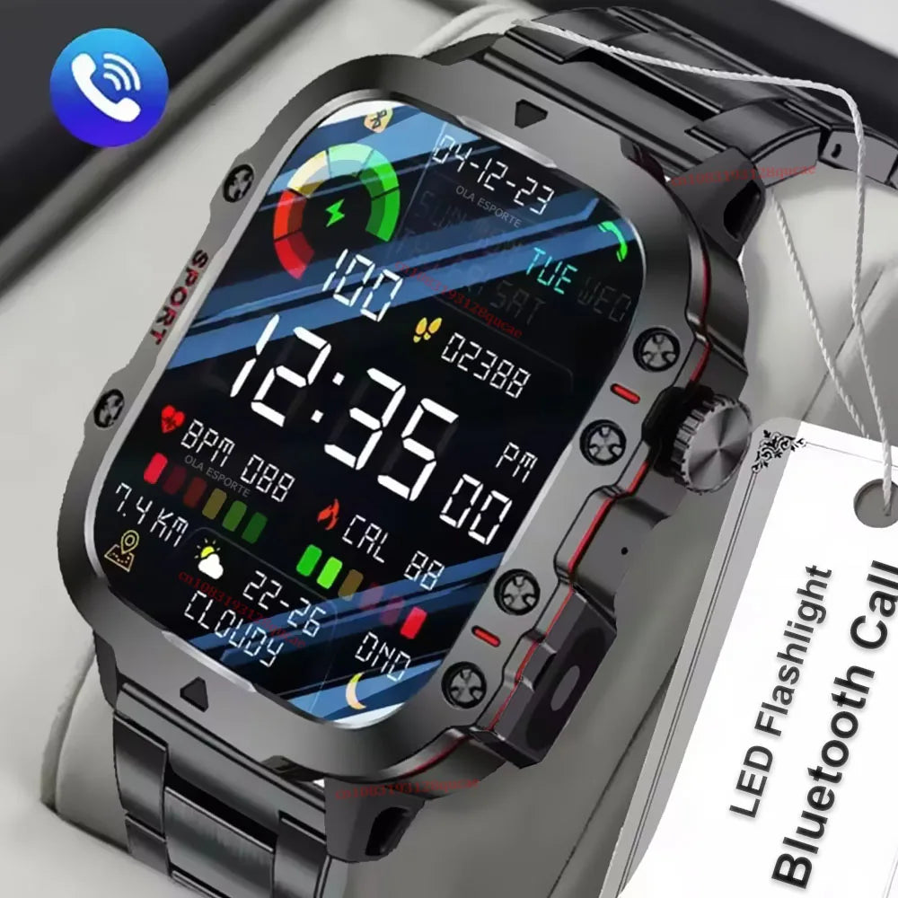 2026 New Military Smart Watch Men IP67 3ATM Outdoor Sports Fitness Tracker Blood Pressure Health Monitor BT Calls GPS Smartwatch