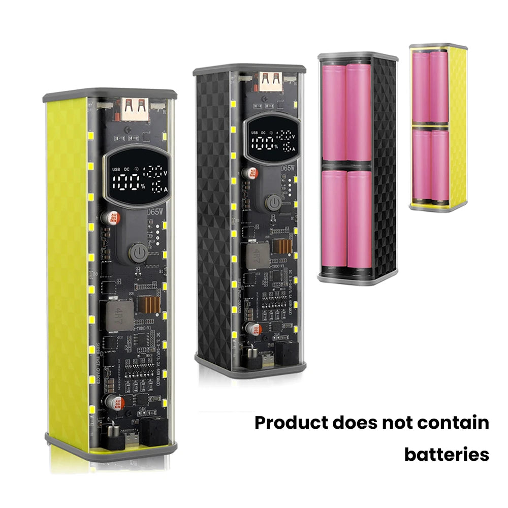 65W PD Fast Charging 18650 Power Bank DIY Battery Box Adjustable DC Voltage Multifunctional Display for Laptops Outdoor Use