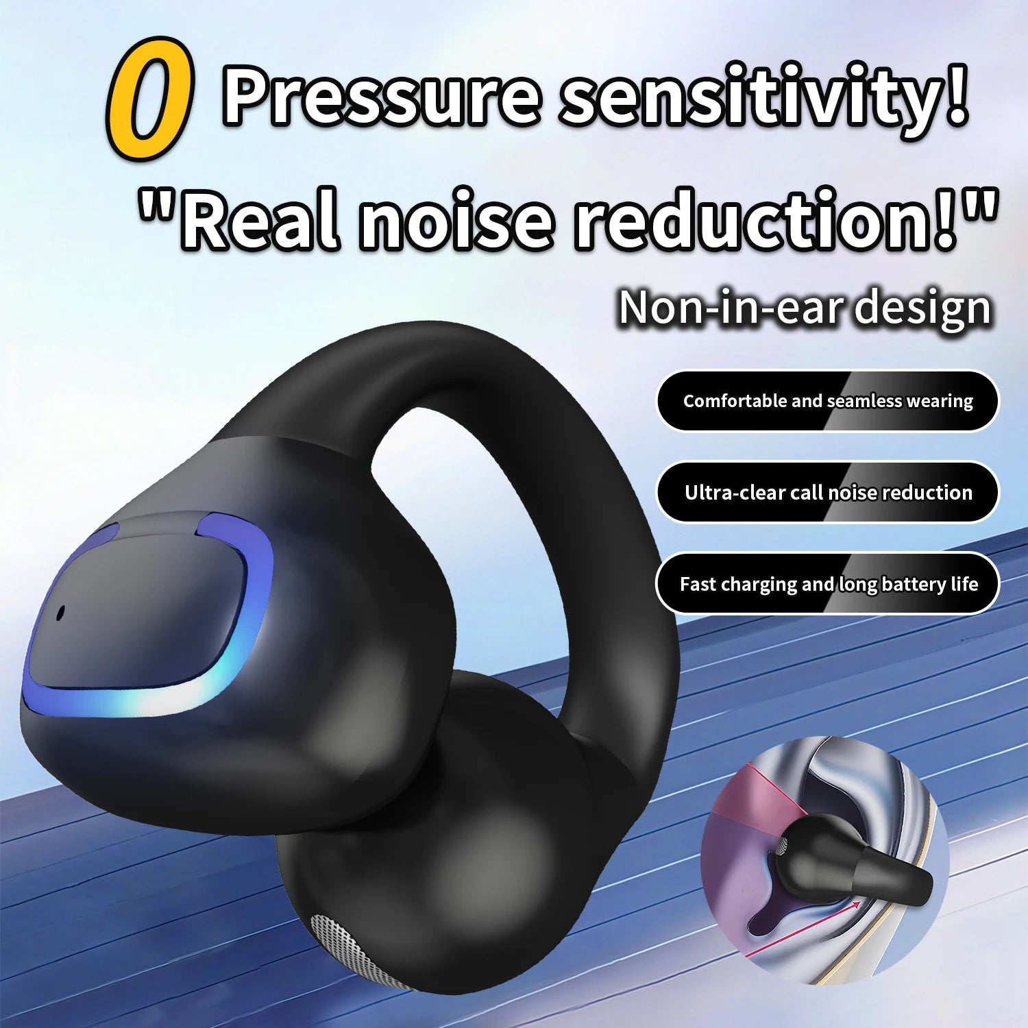 Bluetooth 5.3 Earphone Ear Clip Headphones Wireless Headset HiFi Stereo Noise Reduction Earbud For Men Women