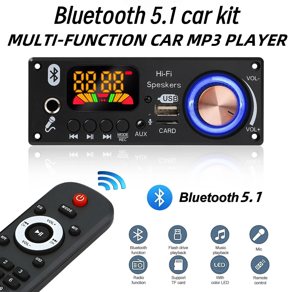 Bluetooth 5.1 MP3 WMA WAV Decoder Board 12V Handsfree 6.5mm Microphone USB TF FM Car Audio Music Player Speaker Volume Control