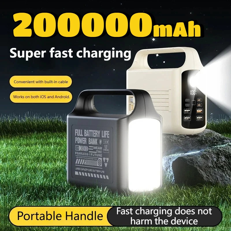 200000mAh Large Capacity Power Bank Portable Outdoor Emergency Power Supply Built-in Cable Camping Light External Battery Pack