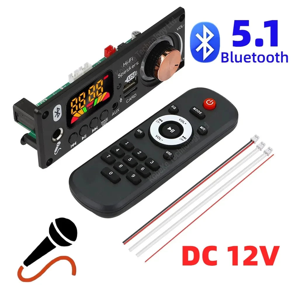 Bluetooth 5.1 MP3 WMA WAV Decoder Board 12V Handsfree 6.5mm Microphone USB TF FM Car Audio Music Player Speaker Volume Control