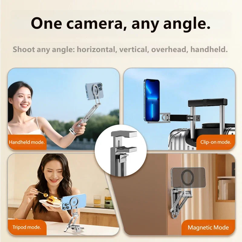 Magnetic Foldable Tripod Aluminum Phone Stand for iPhone MagSafe 16 15 14 13 12 Vlog Live Streaming Outdoor Shooting