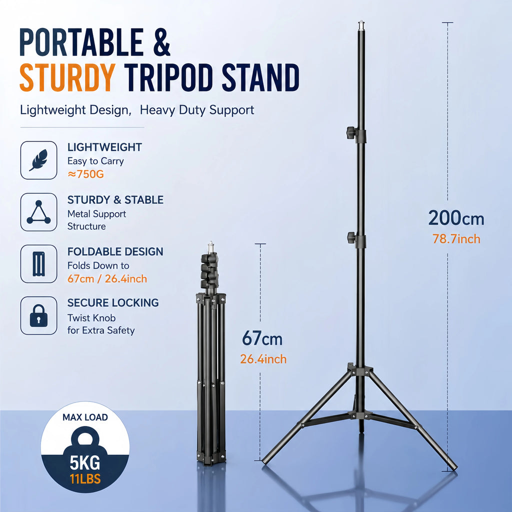 Sturdy Carbon Steel Light Stand 200cm, Foldable Tripod for Studio Photography & Outdoor Use