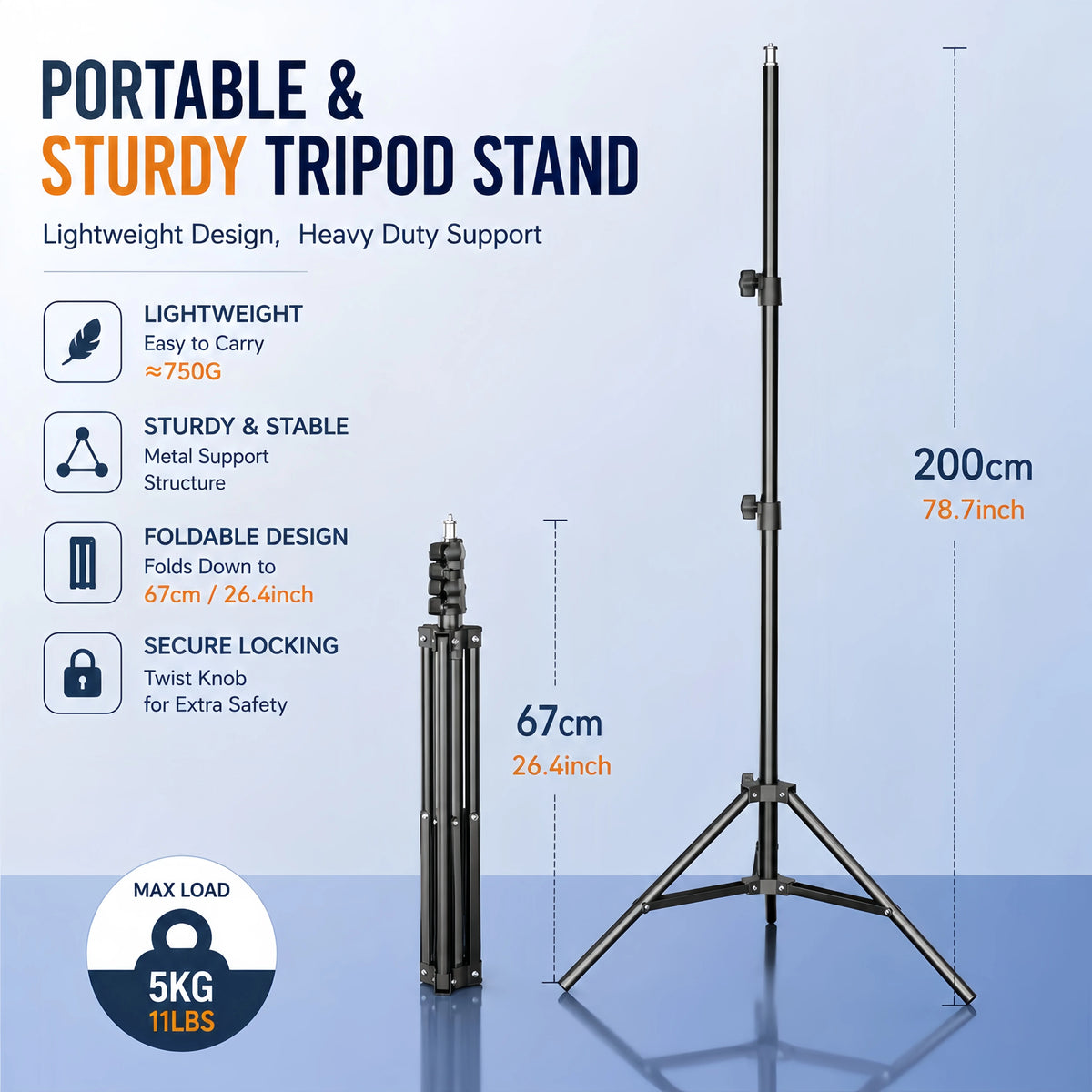 Sturdy Carbon Steel Light Stand 200cm, Foldable Tripod for Studio Photography & Outdoor Use