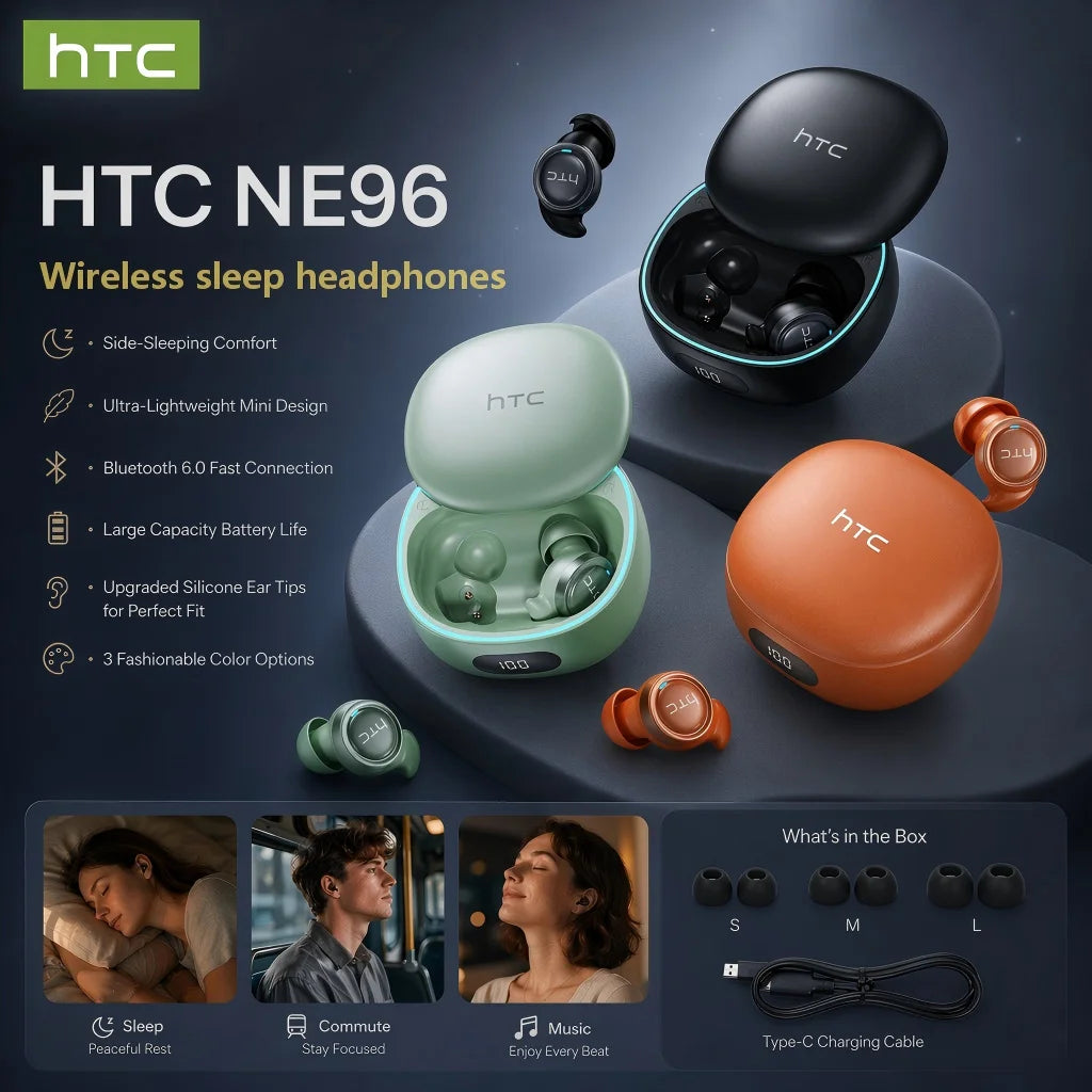 HTC NE96 Bluetooth 6.0 Wireless Earbuds Noise Cancelling Sleep Headphones 30H Battery Life Premium Acoustic Tuning Ultra-light