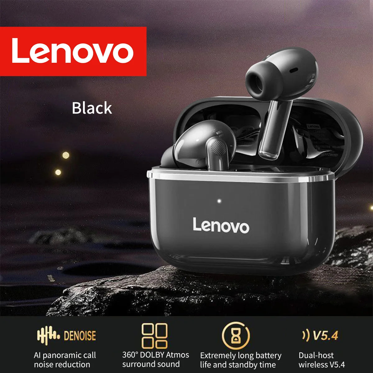 Lenovo Bluetooth 5.4 earbuds with ANC, long-lasting battery, USB-C port, compatible with Android & iPhone, ideal for sports/gym,