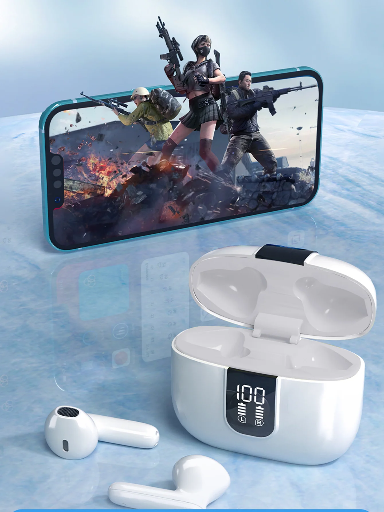 Bluetooth Earbuds with Large Charge Case, LED Power Display, HiFi Sound Quality, White Portable Wireless Earphones for Music