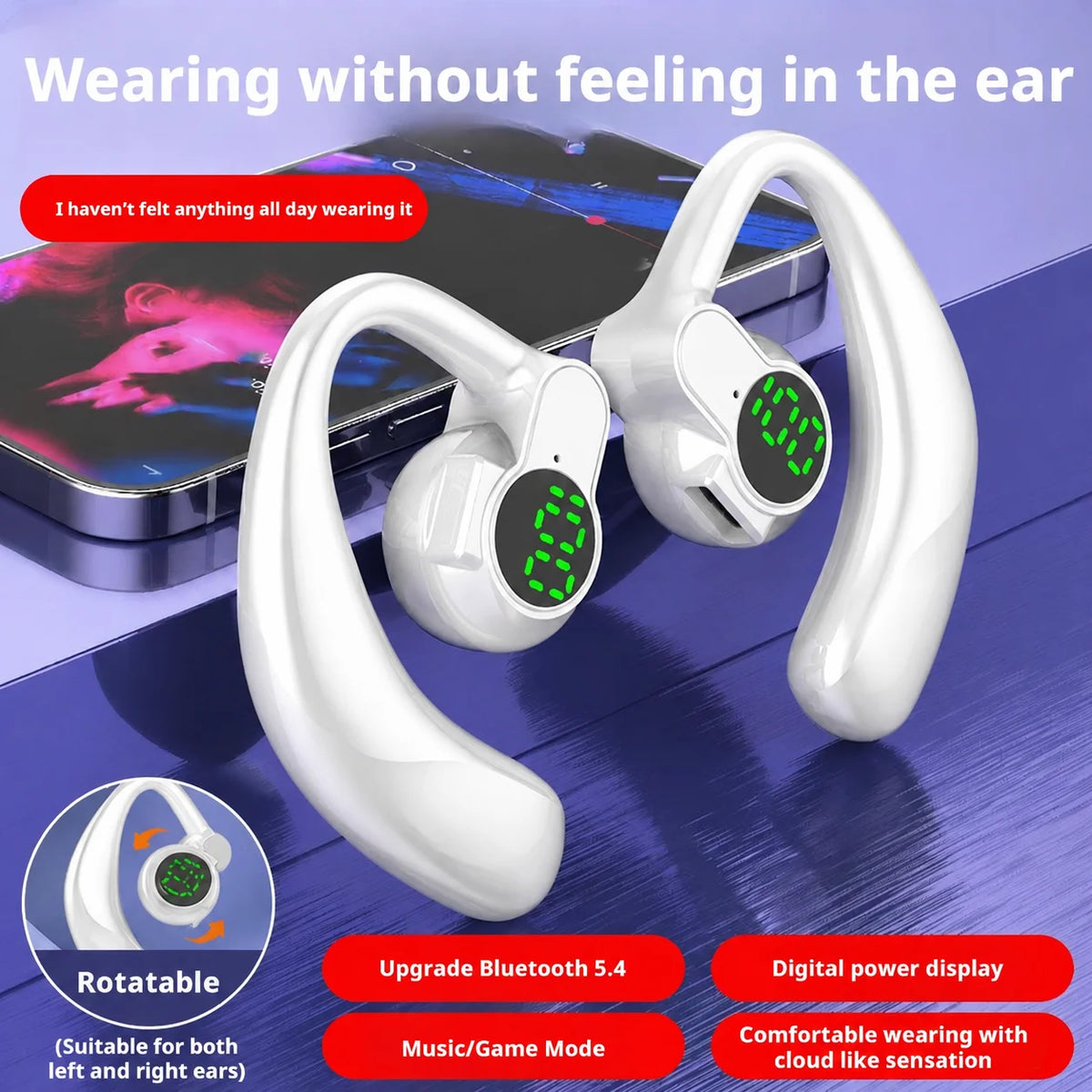 Bluetooth 5.4 Earphones Single Ear Earhooks Noise Cancelling Sports Headphones 360° Rotatable Wireless Earbud with Microphone
