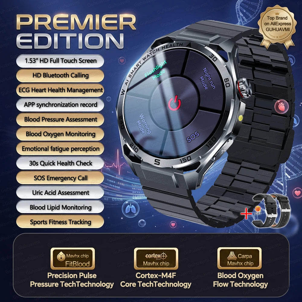 2026New Nursing-Grade AI ECG Smart Watch 1.53''Sapphire Glass Heart Rate Blood Lipid Uric Acid Monitor Bluetooth Call Smartwatch