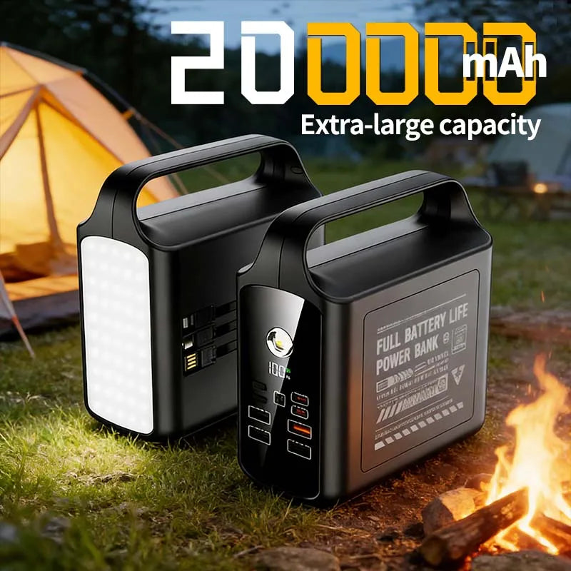 200000mAh Large Capacity Power Bank Portable Outdoor Emergency Power Supply Built-in Cable Camping Light External Battery Pack