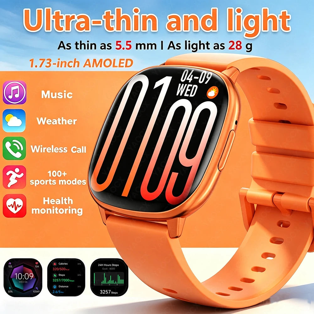 2026 New Smart Watch 5.5mm Ultra-thin 1.73'' AMOLED Men Women 100+ Sports Fitness Wrist Watch BT Call Health Tracker Smartwatch