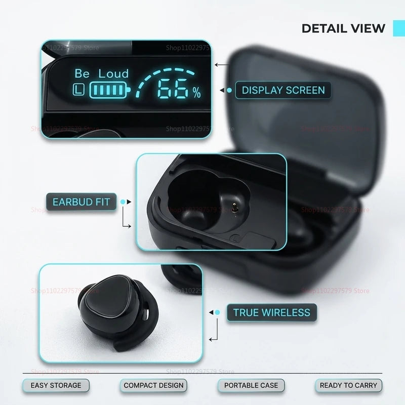 Wireless Bluetooth 5.2 Headset with LED Display Charging Case IPX7 Waterproof Sports Earbuds Noise Cancelling Gaming Earphones