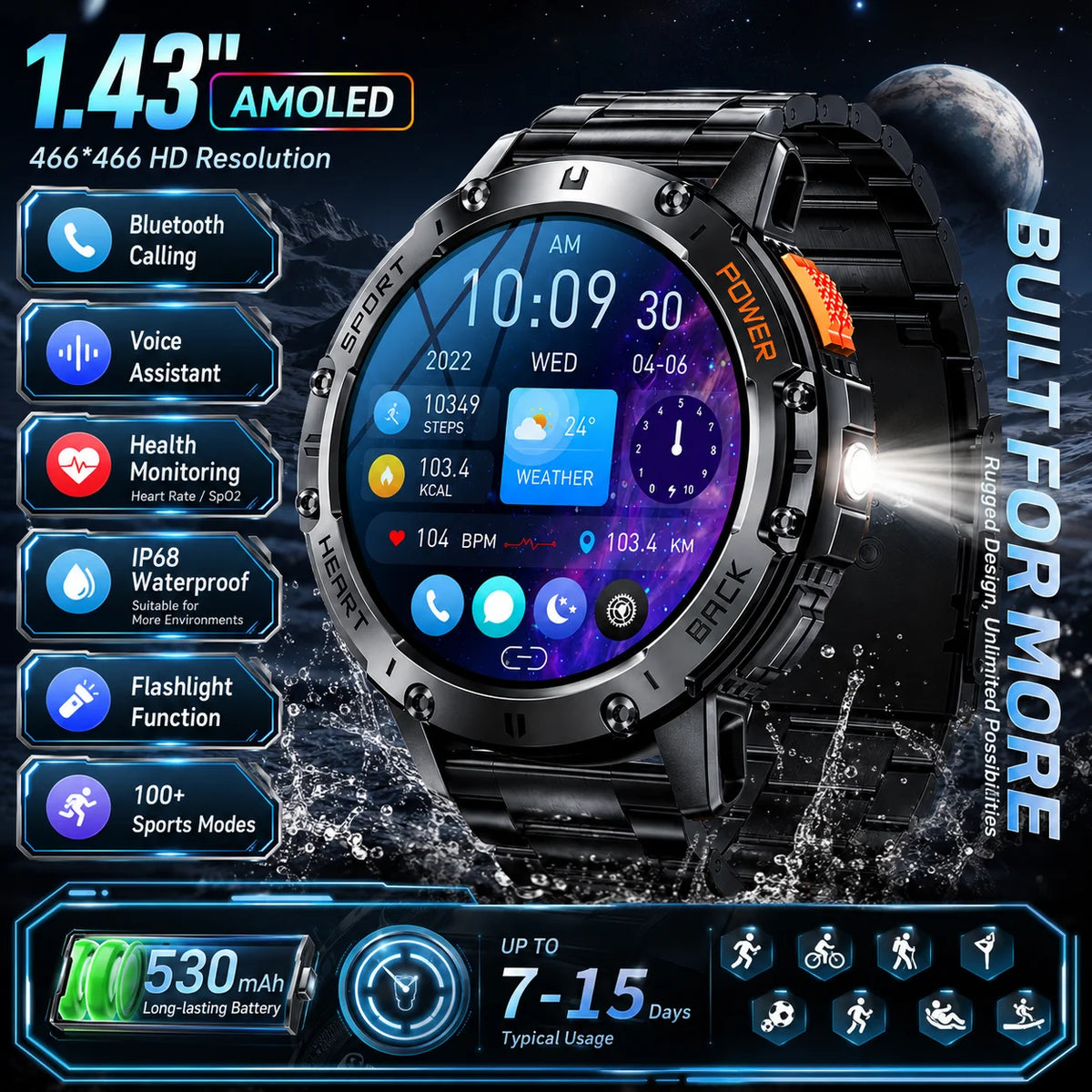 2026 New AMOLED Smart Watch Men with Flashlight Sports Waterproof Fitness Tracker Bluetooth Call Smartwatch Man For Android ios
