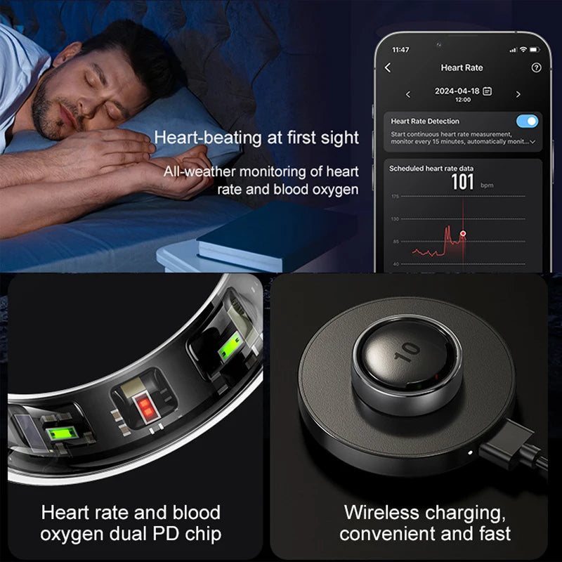R10 Smart Ring Men Women with Wireless Charging,Health and Sleep Monitor,5ATM Waterproof, Multi-sport Mode For Android IOS Phone