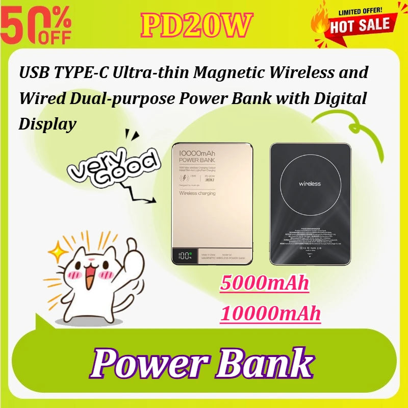 New 5000/10000mAh Power Bank PD20W USB-C Ultra-thin Magnetic Wireless and Wired Dual-purpose Power Bank with Digital Display