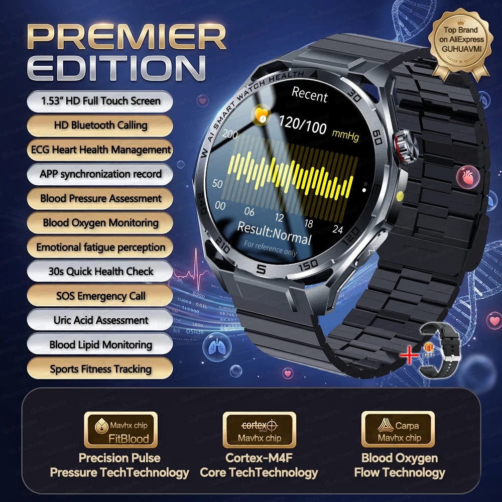 2026New Nursing-Grade AI ECG Smart Watch 1.53''Sapphire Glass Heart Rate Blood Lipid Uric Acid Monitor Bluetooth Call Smartwatch