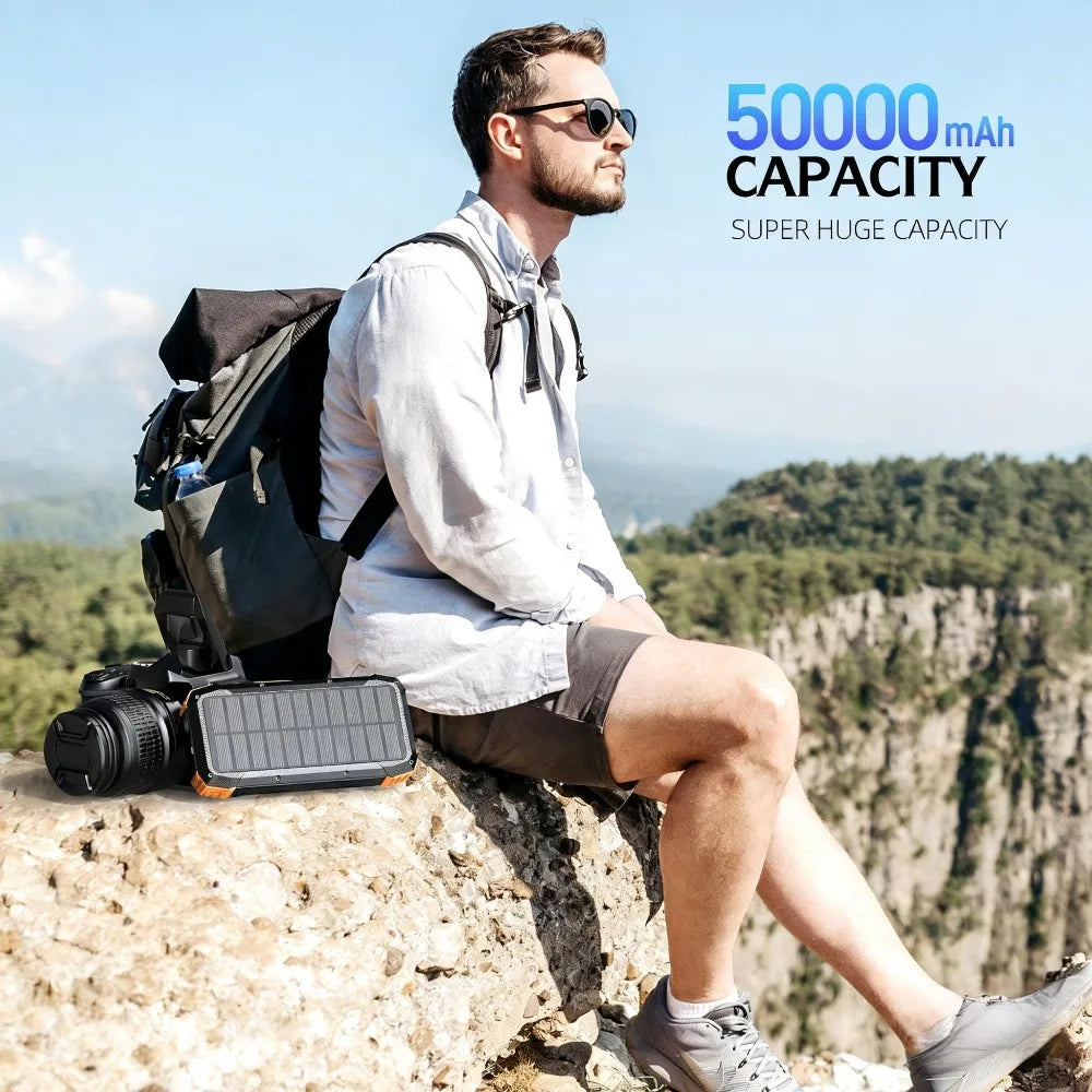Hand Crank Solar Power Bank 50000mAh, Emergency Portable External Battery, 4 Cables, Compass & SOS Radio Light, Best for Campion