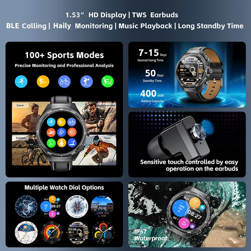 TWS 2-in-1 Smart Watch with Headphones Sports Play Music Bluetooth Headset Call Men Health Monitor NFC Women Smartwatch Earbuds