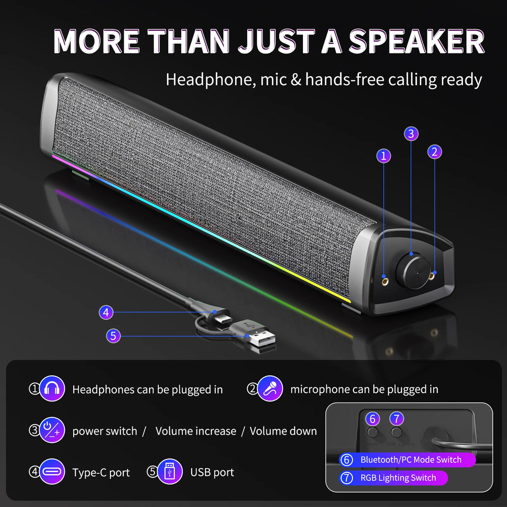Wired Computer Soundbar Bluetooth PC Speakers For Desktop Stereo Gaming Music Subwoofer RGB Monitor Speaker Mic Earphone Hole