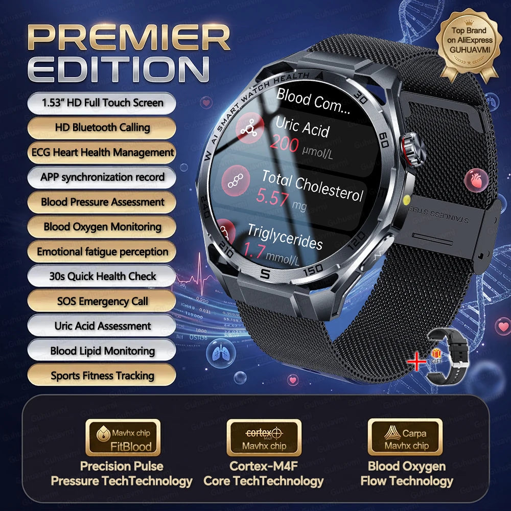 2026New Nursing-Grade AI ECG Smart Watch 1.53''Sapphire Glass Heart Rate Blood Lipid Uric Acid Monitor Bluetooth Call Smartwatch