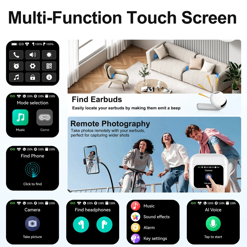 KOUO Wireless Bluetooth 5.4 Earbuds With Smart Touch Screen Music Sports Noise Canceling Earphones Support Real Time Translation