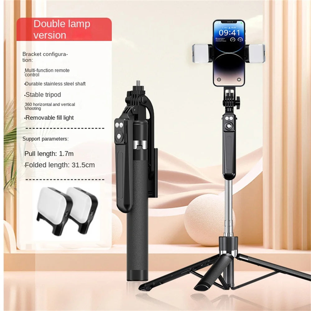 FANGTUOSI 2025 New Expandable Phone Tripod Stand Selfie Stick With Fill Light With Detachable BT Wireless Remote for Smartphone