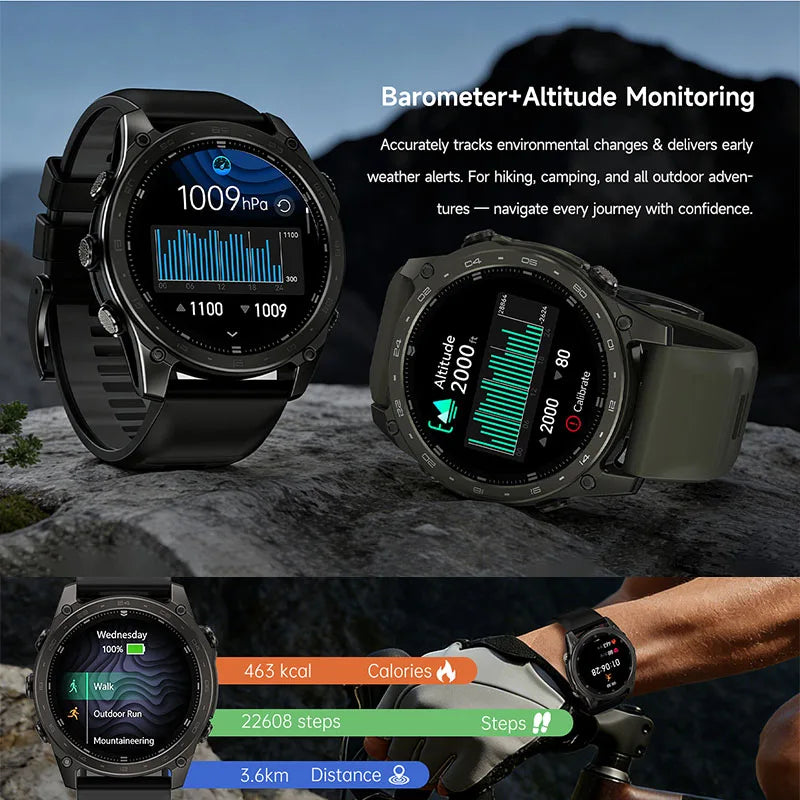 2026 New Sports Smart Watch Sports Mode Wireless Call 5ATM Compass Altimeter LED Flashlight 1.43 Inch AMOLED Screen Smart Watch