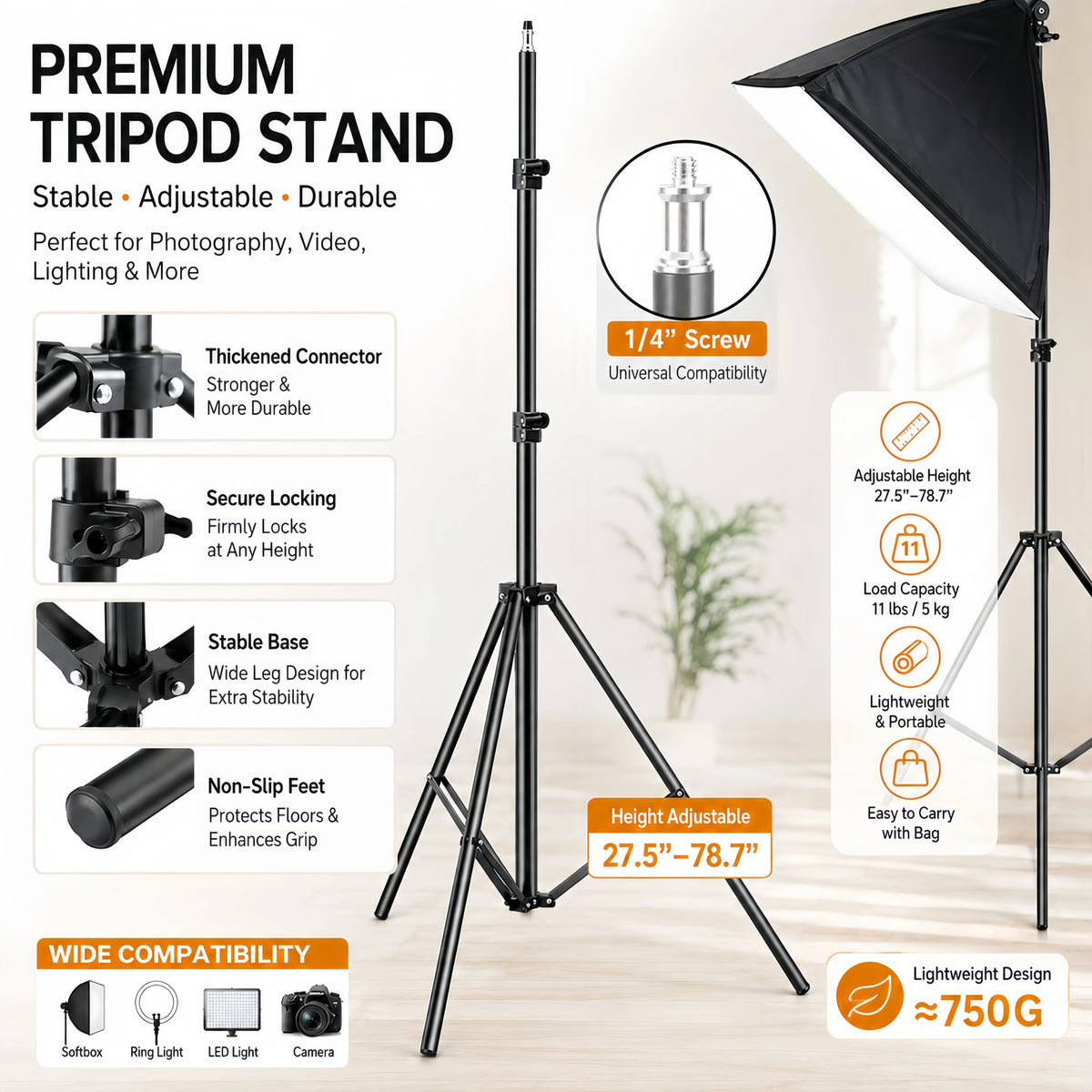 Sturdy Carbon Steel Light Stand 200cm, Foldable Tripod for Studio Photography & Outdoor Use