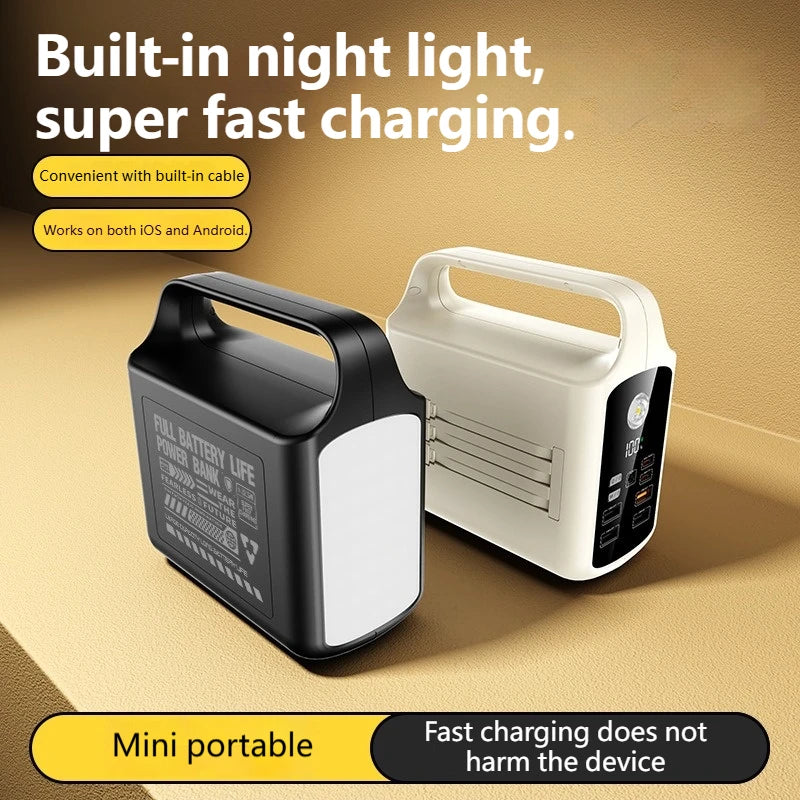 200000mAh Large Capacity Power Bank Portable Outdoor Emergency Power Supply Built-in Cable Camping Light External Battery Pack