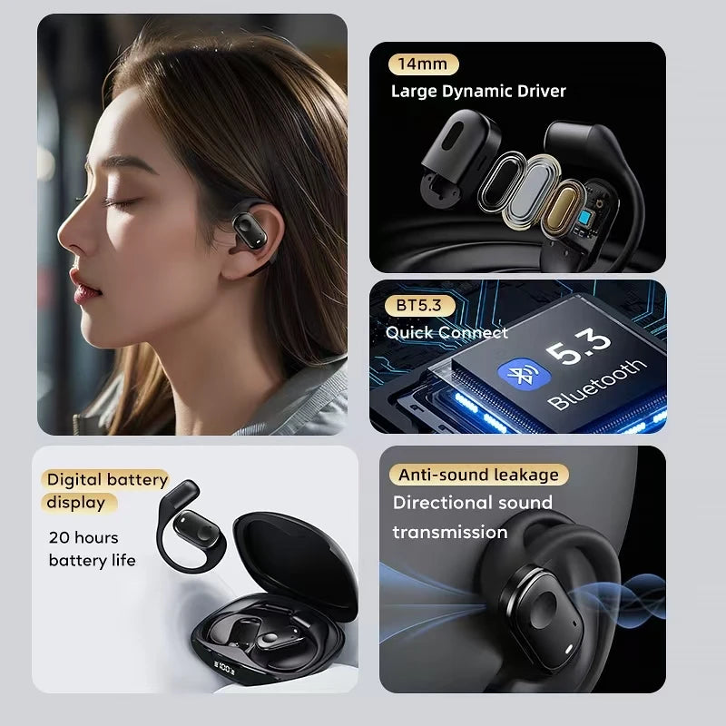 Open-Ear Headphones with Stable Comfort & Hi-Res Sound Pure Bass Boost Bluetooth 5.3 Earbuds OWS Wireless Headphones for Sports