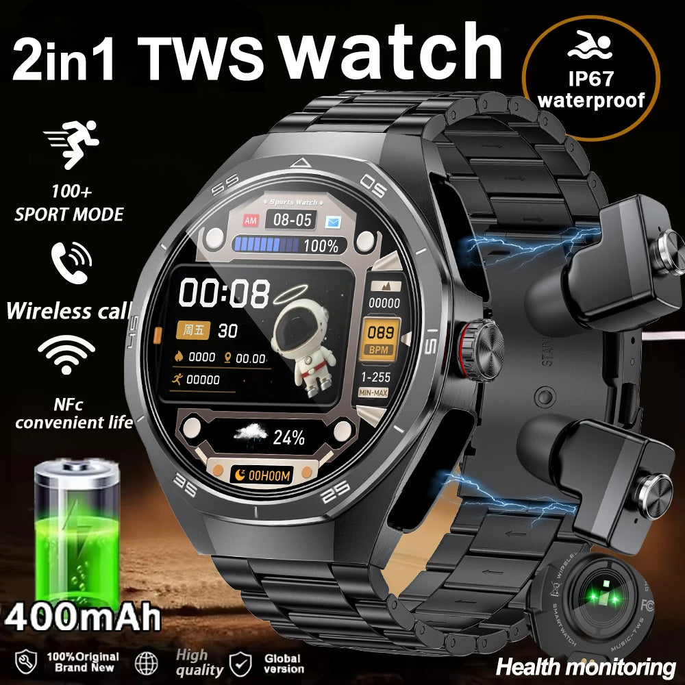TWS 2-in-1 Smart Watch with Headphones Sports Play Music Bluetooth Headset Call Men Health Monitor NFC Women Smartwatch Earbuds