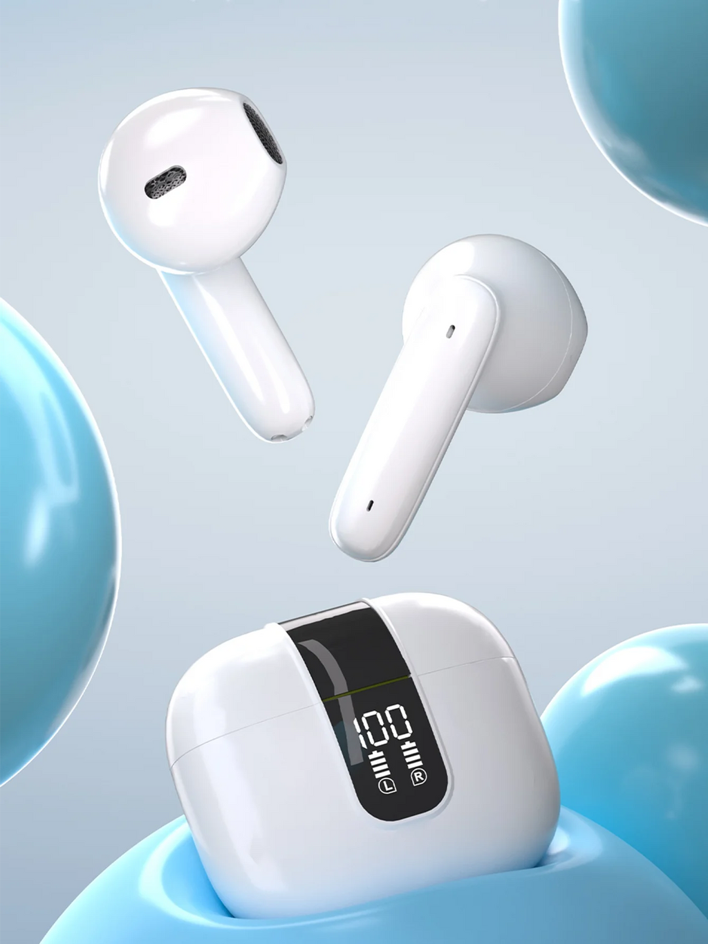 Bluetooth Earbuds with Large Charge Case, LED Power Display, HiFi Sound Quality, White Portable Wireless Earphones for Music