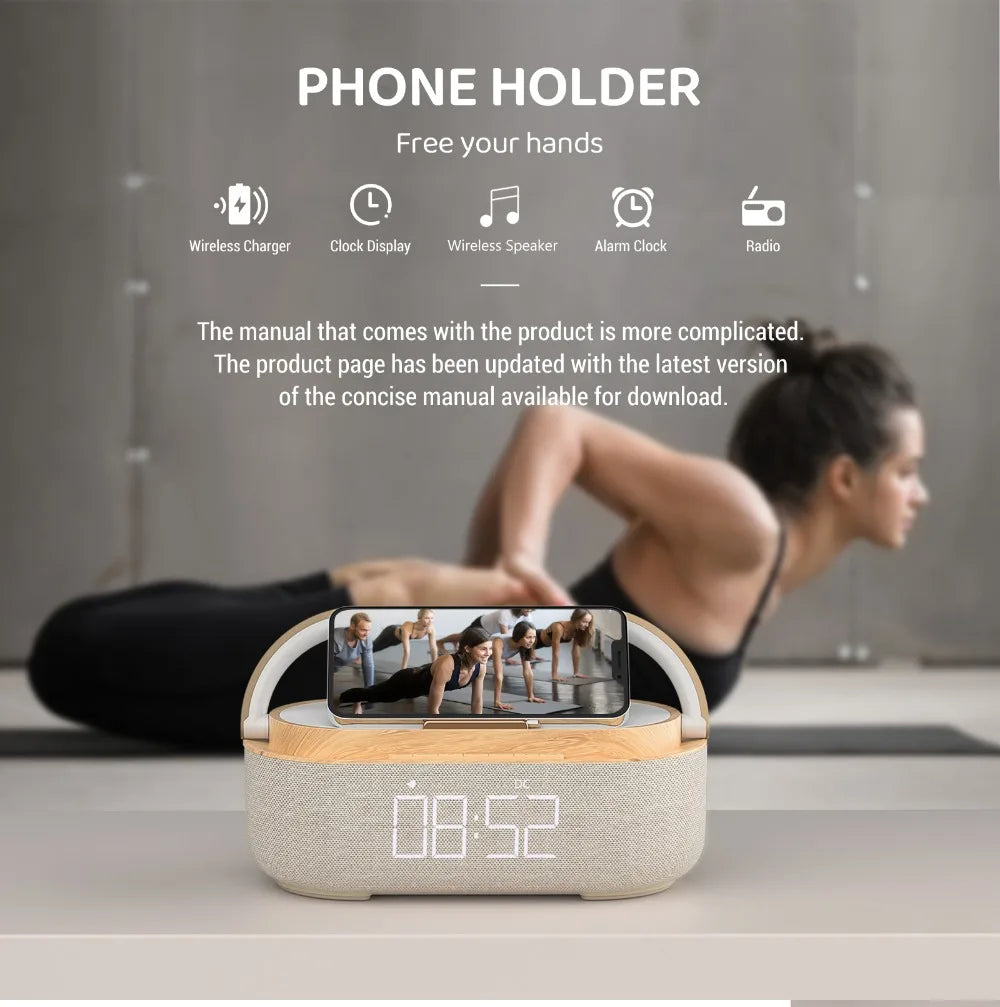 2025 Smart Alarm Clock - 15W Wireless Charger, Bluetooth Speaker, FM Radio & LED Night Light - Perfect Bedside Gift