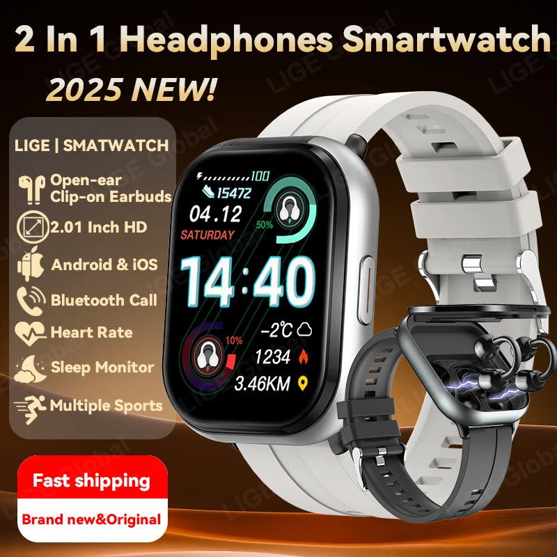 LIGE TWS 2 In 1 Clip-on Earbuds Smart Watch 2.01" HD Bluetooth Voice Calling Health Monitor Sports Smartwatch With Headphones
