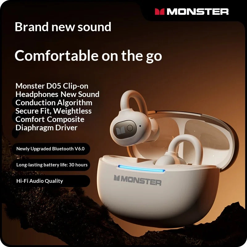 Monster D05 Bluetooth 6.0 Earbuds: Smart Call Noise Cancellation, 30-Hour Battery, Hi-Fi Sound, Secure Fit