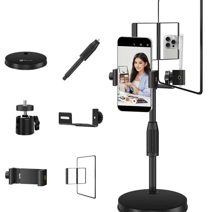 Adjustable Height Mobile Phone Holder Desktop Round Plate Live Streaming Stand with Mirror Rear View Camera Selfie Stand-ABLL
