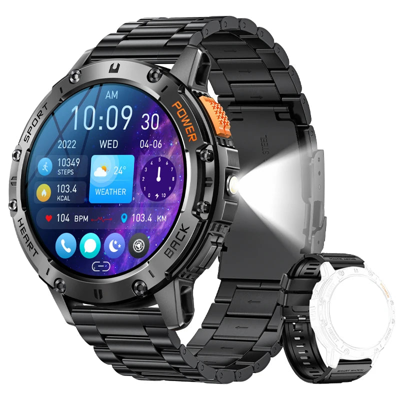 2026 New AMOLED Smart Watch Men with Flashlight Sports Waterproof Fitness Tracker Bluetooth Call Smartwatch Man For Android ios