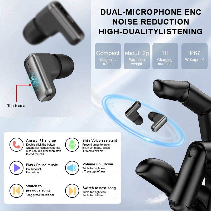 LIGE New Smartwatch TWS 2 In 1 Earphones Sports Smart Watch Bluetooth Calling Health Monitor Fitness Record Watches with Headset