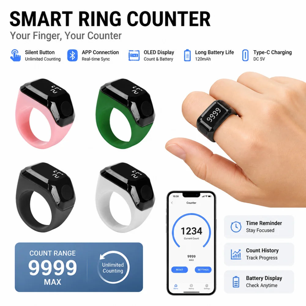 Smart App Ring Counter OLED Digital Display Bluetooth Counter Time Reminder Wearable Prayer Bead Counter